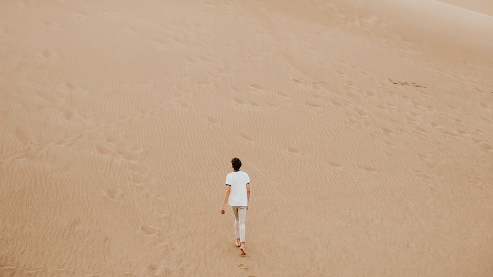 person walking through desert