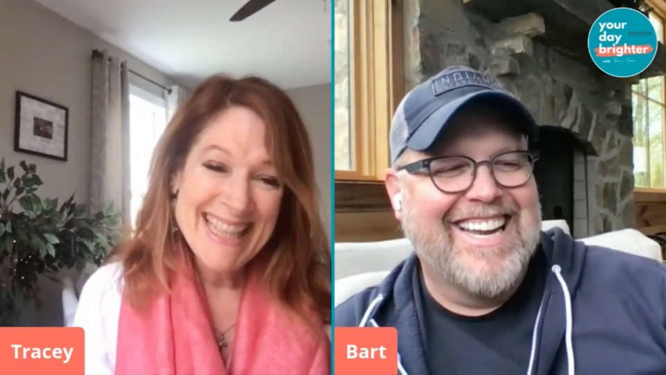 Tracey Tiernan and Bart Millard on a video call pictured side by side on a screen as they both smile