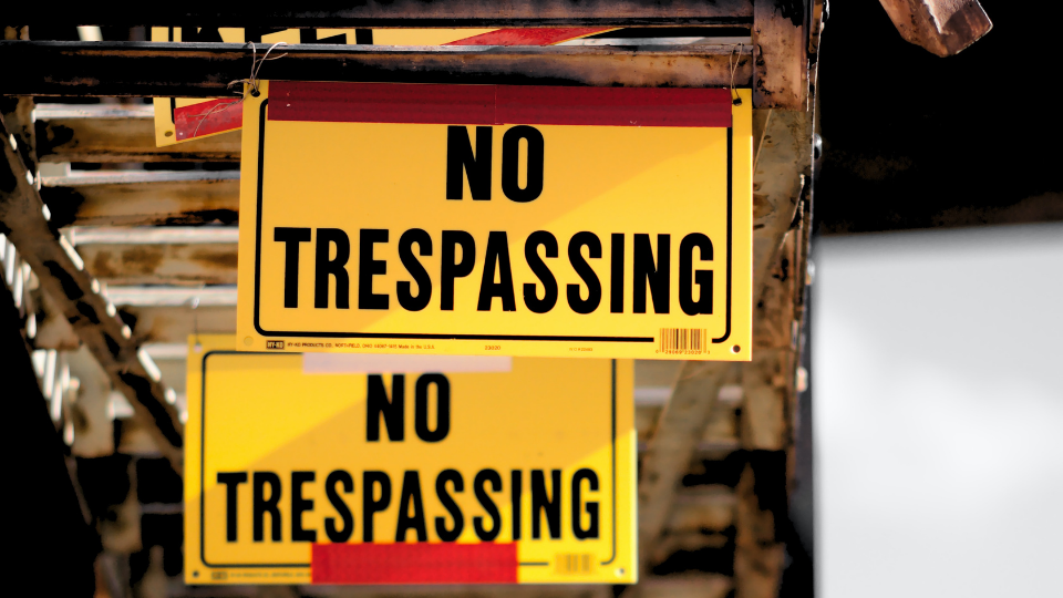 bright yellow no trespassing signs with black lettering