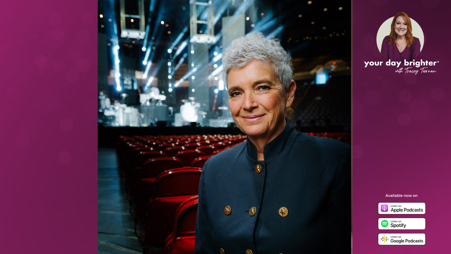 Helen Smallbone sitting in a red seat with rows and rows of red seats behind her in front of a lit up concert stage