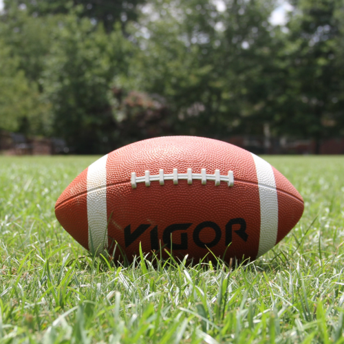 A football is placed in the middle of a grassy field